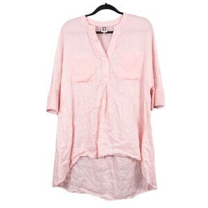 Anne Klein Linen Tunic Shirt M Womens Pink High-Low VNeck Short Sleeve Spring